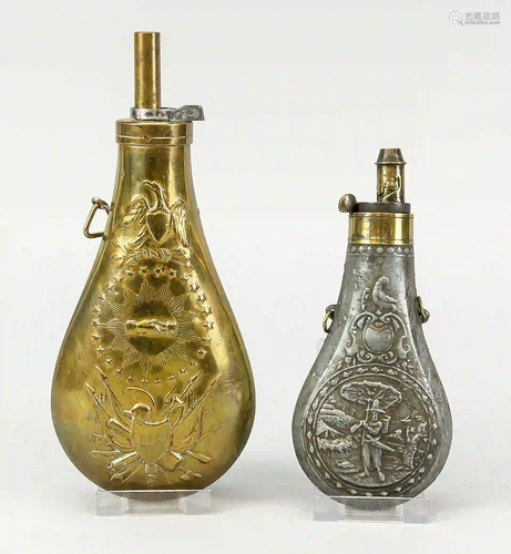 2 Powder flasks, 19th c., 1 x USA,