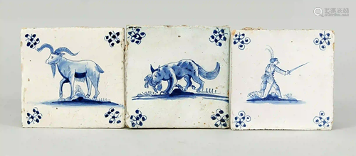 Three faience tiles, 18th century,