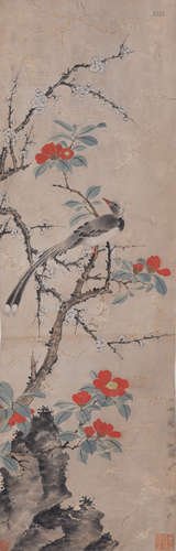 CHINESE SCROLL INK PAINTING OF FLOWER AND BIRD