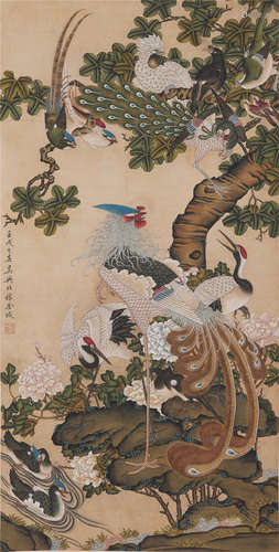 CHINESE SCROLL COLORFUL PAINTING OF FLOWER AND BIRD