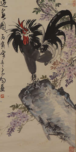 CHINESE SCROLL PAINTING OF COCK STAND ON STONE AND FLOWERS