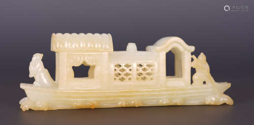 A CHINESE WHITE JADE FIGURE STORY BOAT SHAPE TABLE ITEM