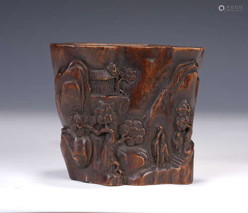 A CHINESE AGARWOOD BRUSH POT CARVED MOUNTAINS FOREST GAOSHI