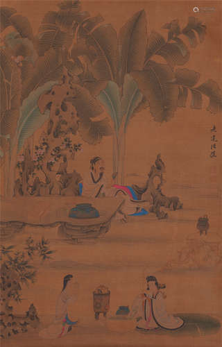 CHINESE SCROLL PAINTING OF FIGURE UNDER BANANA TREE