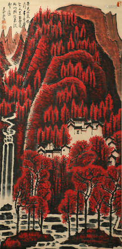 CHINESE SCROLL PAINTING OF RED MOUNTAINS