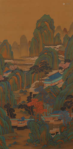 CHINESE SCROLL PAINTING OF GREEN AND BLUE MOUNTAINS