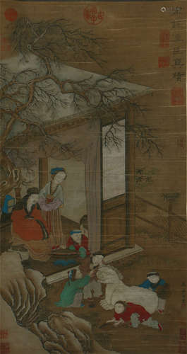 CHINESE SCROLL PAINTING OF CHIRDREN PLAYING STORY