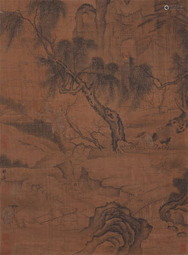 CHINESE SCROLL INK PAINTING OF CATTLE RANCHING