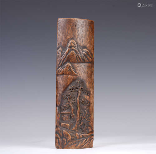 A CHINESE CARVED MOUNTAINS LANDSCAPE AGARWOOD ARM REST