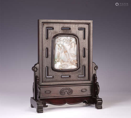 A CHINESE ZITAN INLAID JADE TABLE SCREEN