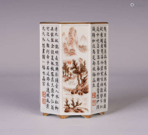 A CHINESE INK COLOR MOUNTAINS AND POEMS PATTERN HEXAGONAL BRUSH POT