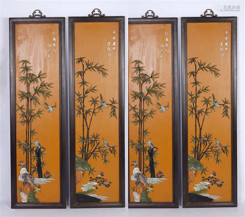 FOUR PANELS OF CHINESE ZITAN HANGING SCREENS INLAID GEMSTONES BAMBOO REPORTS PEACE