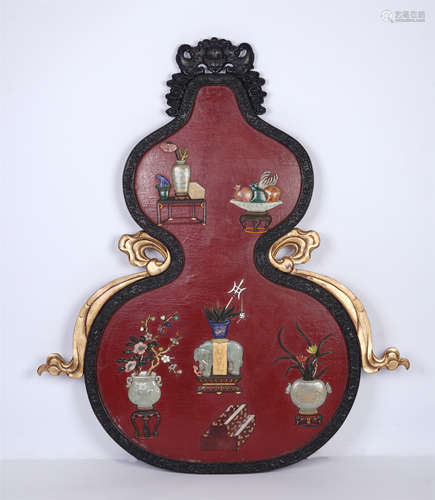 PAIR OF CHINESE ZITAN INLAID GEMSTONES GOURD HANGING SCREEN