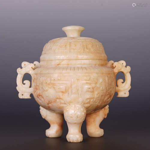 A CHINESE JADE TRIPOD CENSER CARVED TAOTIE PATTERN