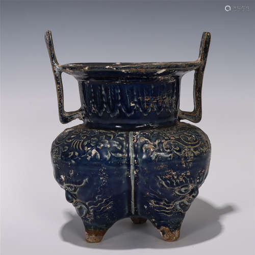 CHINESE JI BLUE GLAZE PHOENIX PATTERN TRIPOD CENSER