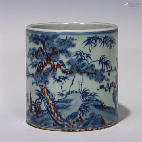 CHINESE BLUE&WHITE BRUSH POT WITH PINE BAMBOO PLUM BLOSSOM PATTERN