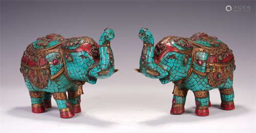 PAIR OF CHINESE TURQUOISE INLAID GEMSTONES ELEPHANT MEANS PEACE AND TRANQUILITY