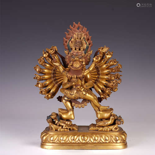 A CHINESE GILT BRONZE YAMANTAKA STANDING STATUE