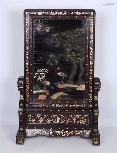 A CHINESE ROSEWOOD TABLE SCREEN INLAID MOTHER OF PEARL AND GEMSTONES