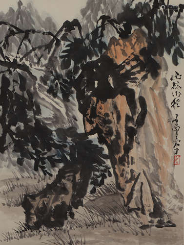 CHINESE SCROLL PAINTING OF MOUNTAIN FOREST SMALL ROAD PATH