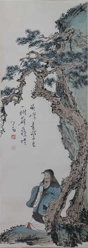 CHINESE SCROLL PAINTING OF SCHOLAR UNDER PINE TREE