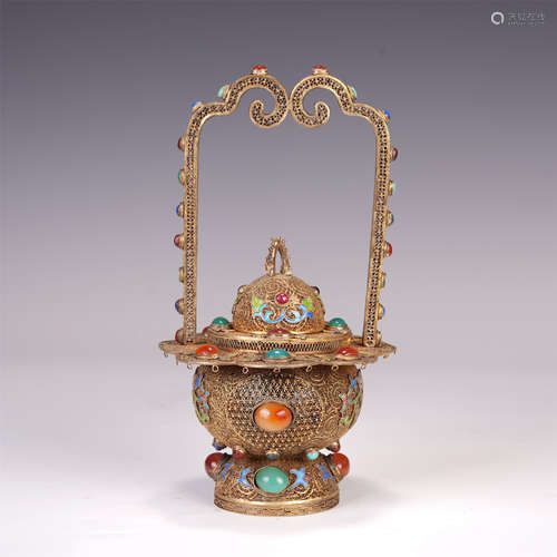 A CHINESE PURE SILVER GILDING INLAID GEMSTONES FLOWERBASKET