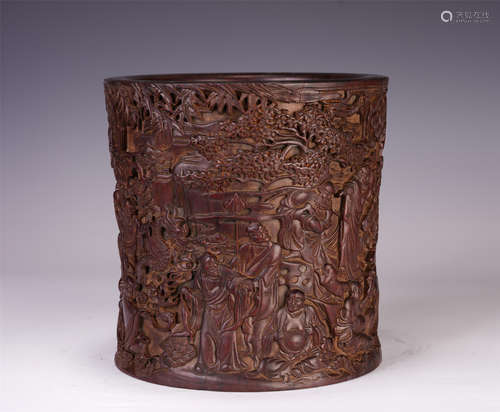 A CHINESE ZITAN CARVING LUOHAN PATTERN BRUSH POT