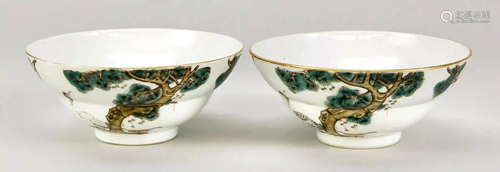 Pair of bowls with crane and pine,