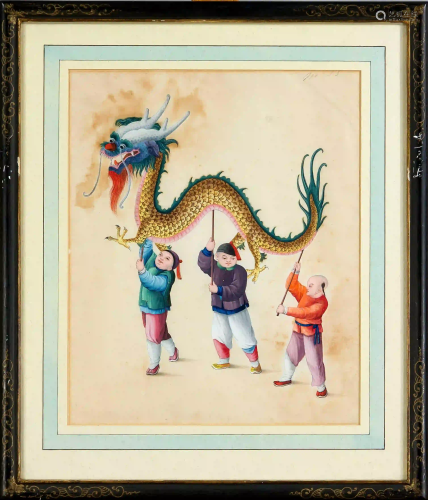 Three children carrying a dragon, C