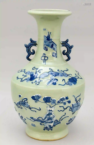 Vase in celadon color with cobalt b