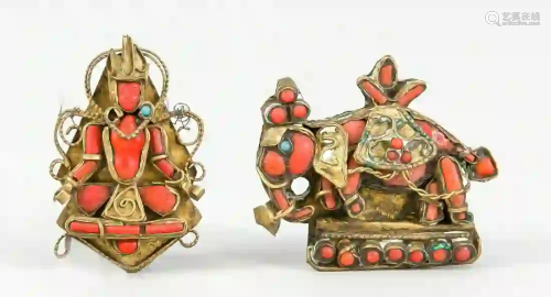 2 figural brooches, Tibet, 19th/20t