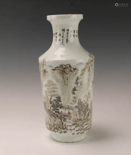 WHITE SCENIC VASE WITH CALLIGRAPHY