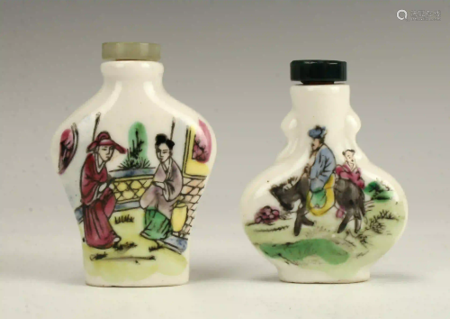 2 PORCELAIN SNUFF BOTTLES WITH JADE STOPPERS