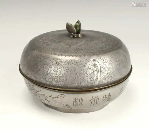 CHINESE PEWTER LIDDED BOWL WITH JADE WING FINIAL