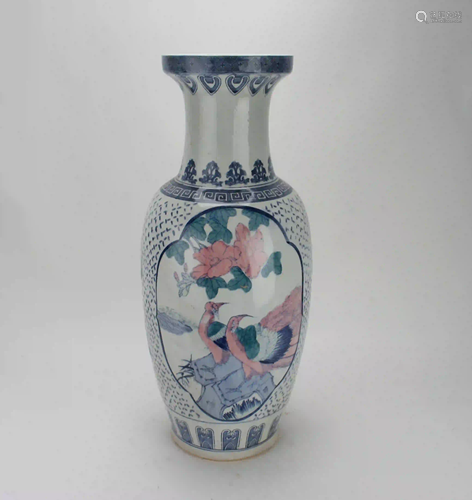 TALL BLUE & WHITE BIRD VASE