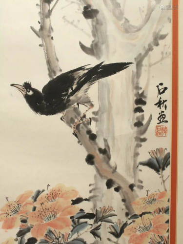 PERCHED BLACK BIRD & FLOWERS PAINTING