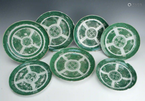 SEVEN GREEN AND WHITE PORCELAIN PLATES