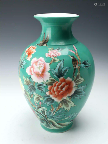 TURQUOISE BIRD & FLOWER VASE