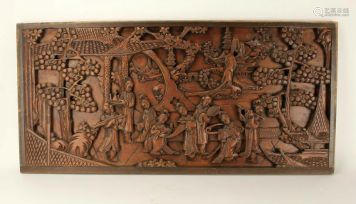 WOOD CARVED PANEL OF BEAUTIES IN A GARDEN