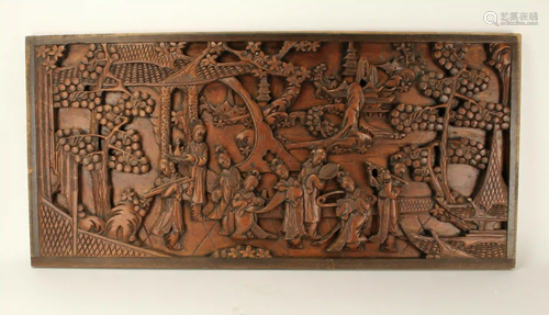 WOOD CARVED PANEL OF BEAUTIES IN A GARDEN