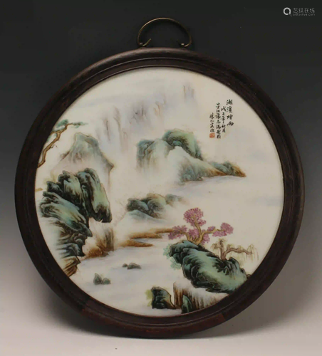 ROUND FRAMED PORCELAIN LANDSCAPE PLAQUE