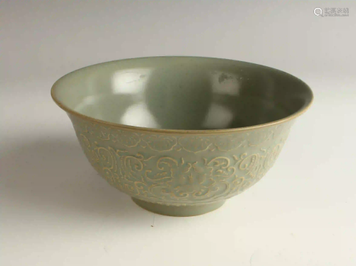 CARVED CELADON FLORAL BOWL