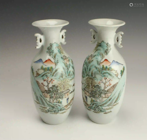 2 LANDSCAPE VILLAGE SCENE VASES