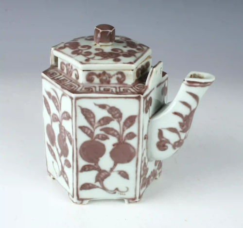 CELADON & RED HEXAGONAL TEA POT