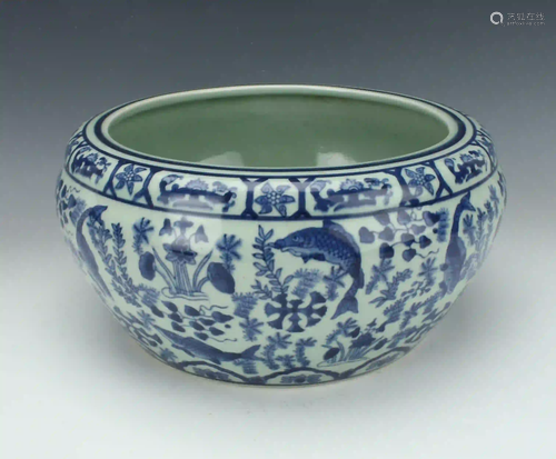 CHINESE PORCELAIN BLUE & WHITE FISH BOWL