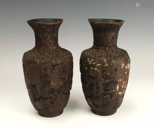 PAIR CARVED BROWN LACQUERWARE VASES