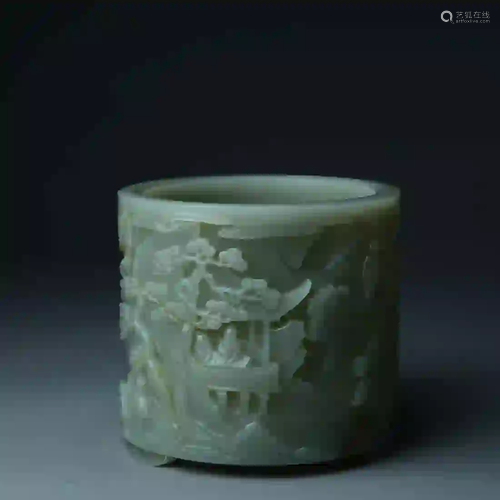 A Flower Carved Jade Brush Pot