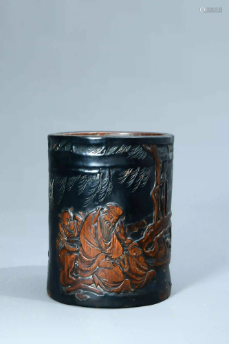 A Figure Carved Lacquerwork Bamboo Brush Pot