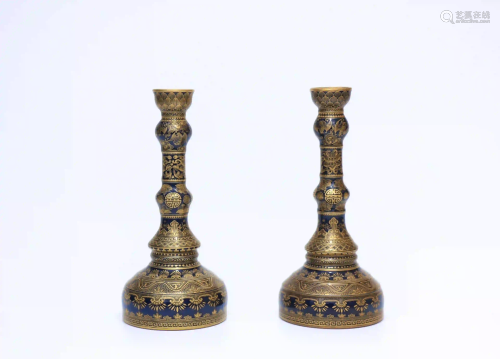 A Pair of Altar Blue Gilt-inlaid Porcelain Candlesticks