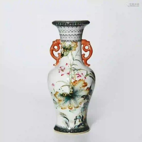 A Famille Rose Lotus Pattern Porcelain Double Ears Vase